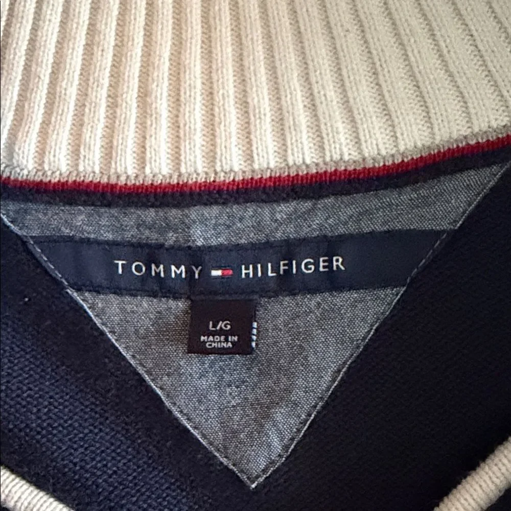 Tommy Hilfiger Men’s Navy & White Stripe Full Zip Cotton Sweater Nautical Size L - Picture 6 of 11